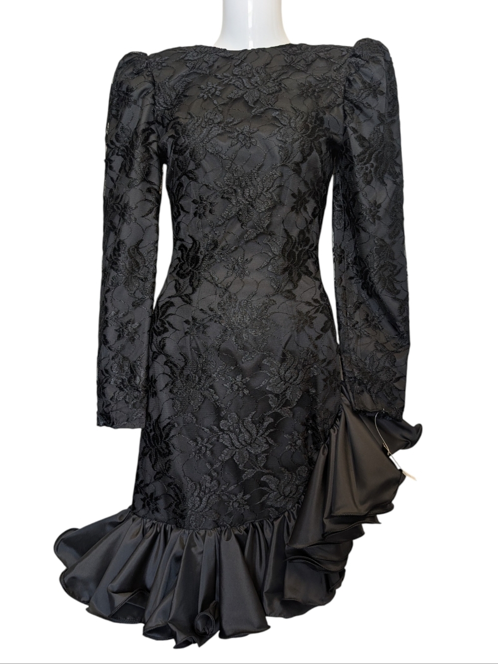 Vtg 80's Betsy And Adam Formal Black Dress Ruffle Lace Long Sleeve Sz 3/4 Prom